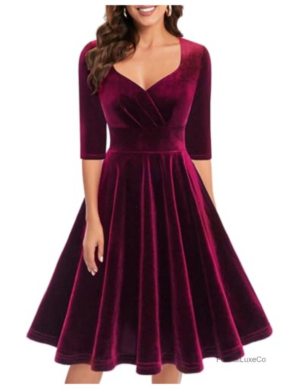 Velvet Long Sleeve Sweetheart Neck Midi Dress Formal Cocktail Wedding Guest